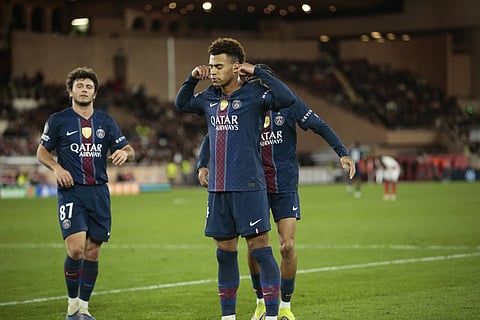 Desire Doue celebrates his goal against AS Monaco