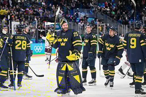 Team Sweden celebrate their win over Latvia