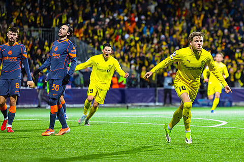 Bodo/Glimt player Jens Petter Hauge celebrates his goal against Inter Milan