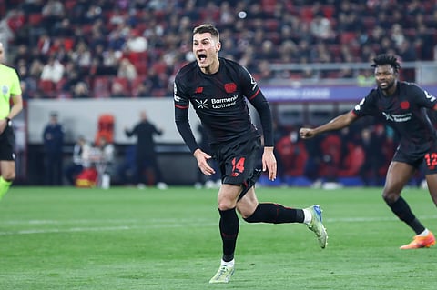Patrik Schick celebrates his goal against Olympiacos