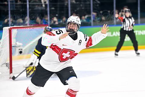 Alina Müller celebrates her bronze-winning goal against Sweden