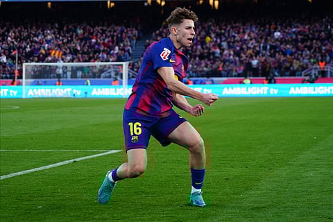 Fermin Lopez of FC Barcelona celebrates after scoring against Levante