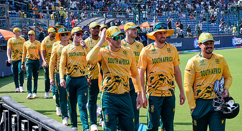 South Africa walk out onto the pitch ahead of the match