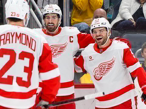 Detroit Red Wings players celebrate a goal