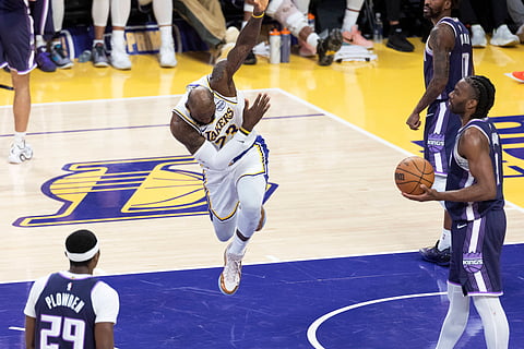 Los Angeles Lakers player LeBron James celebrates 