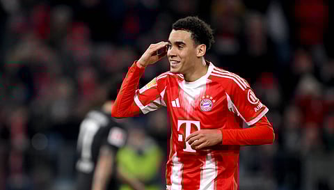 Jamal Musiala celebrates his goal for Bayern Munich
