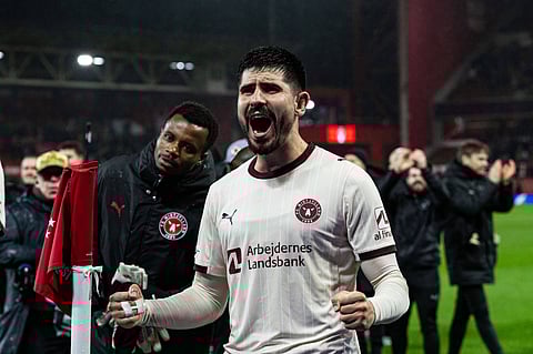 FC Midtjylland players celebrate their win over Nottingham Forest