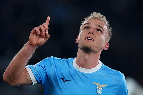 Gustav Isaksen celebrates his goal against AC Milan