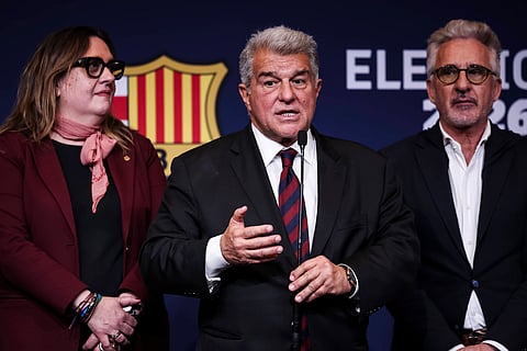 Joan Laporta at press conference after being re-elected as president of FC Barcelona