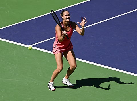 Aryna Sabalenka reacts after winning the Indian Wells title