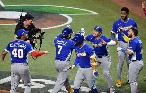 Venezuela players celebrate a home run against Italy