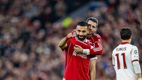 Dominik Szoboszlai and Mohamed Salah celebrate a goal