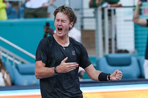 Sebastian Korda celebrates his win over Carlos Alcaraz 