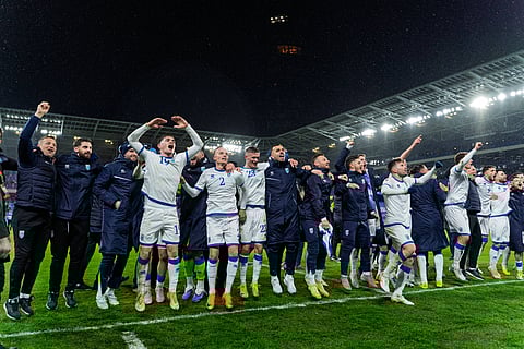Kosovo players celebrate win over Slovakia