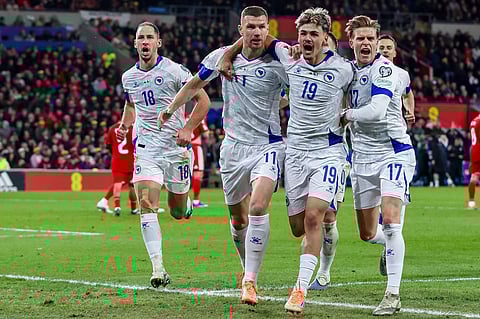 Edin Dzeko celebrates after scoring the equaliser against Wales