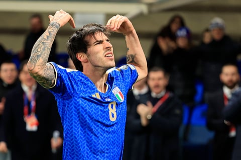 Sandro Tonali celebrates after scoring the winning goal for Italy