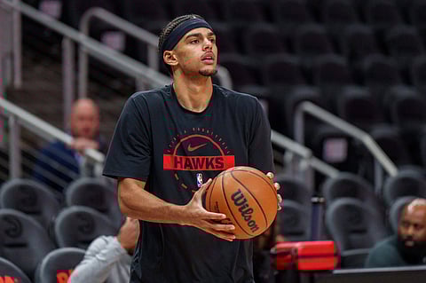 Asa Newell of Atlanta Hawks during warmups 