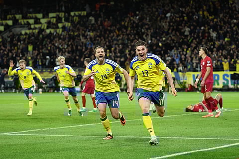 Viktor Gyokeres celebrates after scoring the winning goal for Sweden