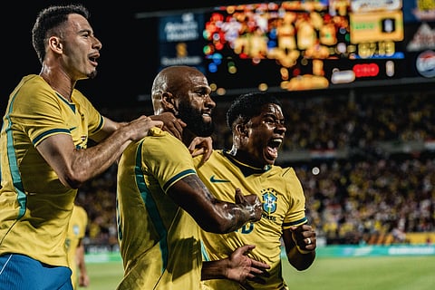 Endrick, Igor Thiago and Gabriel Martinelli celebrate goal against Croatia