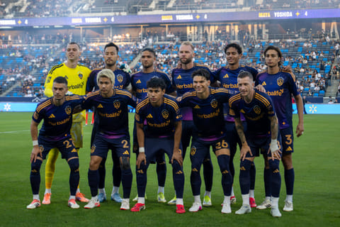 Los Angeles Galaxy players pose for a team