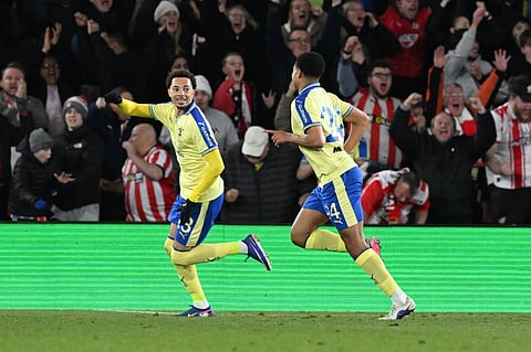 Shea Charles celebrates his winner against Arsenal 