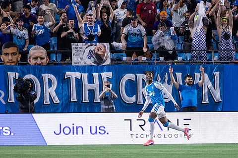 Wilfried Zaha celebrates after scoring against Philadelphia Union