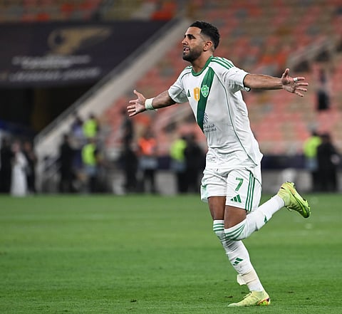 Riyad Mahrez celebrates after scoring the winning goal