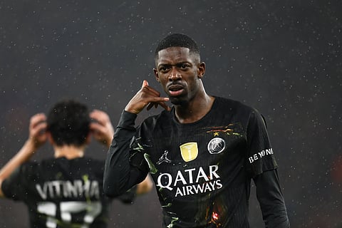 Ousmane Dembele celebrates his goal against Liverpool