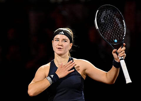 Karolina Muchova celebrates her win over Coco Gauff