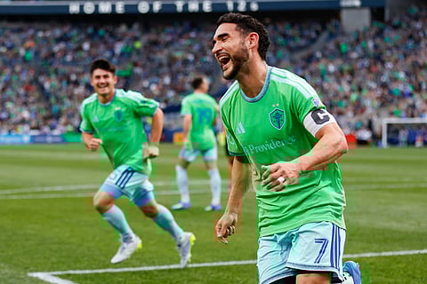 Cristian Roldan celebrates his goal against St. Louis City