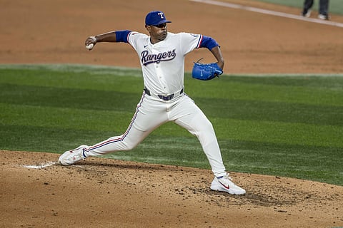 Texas Rangers pitcher Kumar Rocker in action 