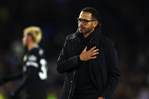 Liam Rosenior stands in front of the fans after defeat to Brighton and Hove Albion