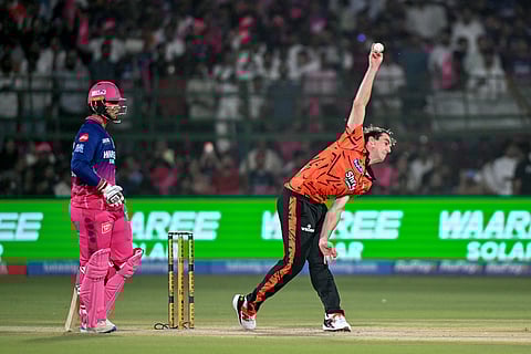 Pat Cummins in action against Rajasthan Royals