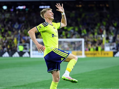 Nashville SC forward Sam Surridge celebrates his first goal against Charlotte