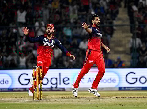 Bhuvneshwar Kumar celebrates after dismissing Tristan Stubbs