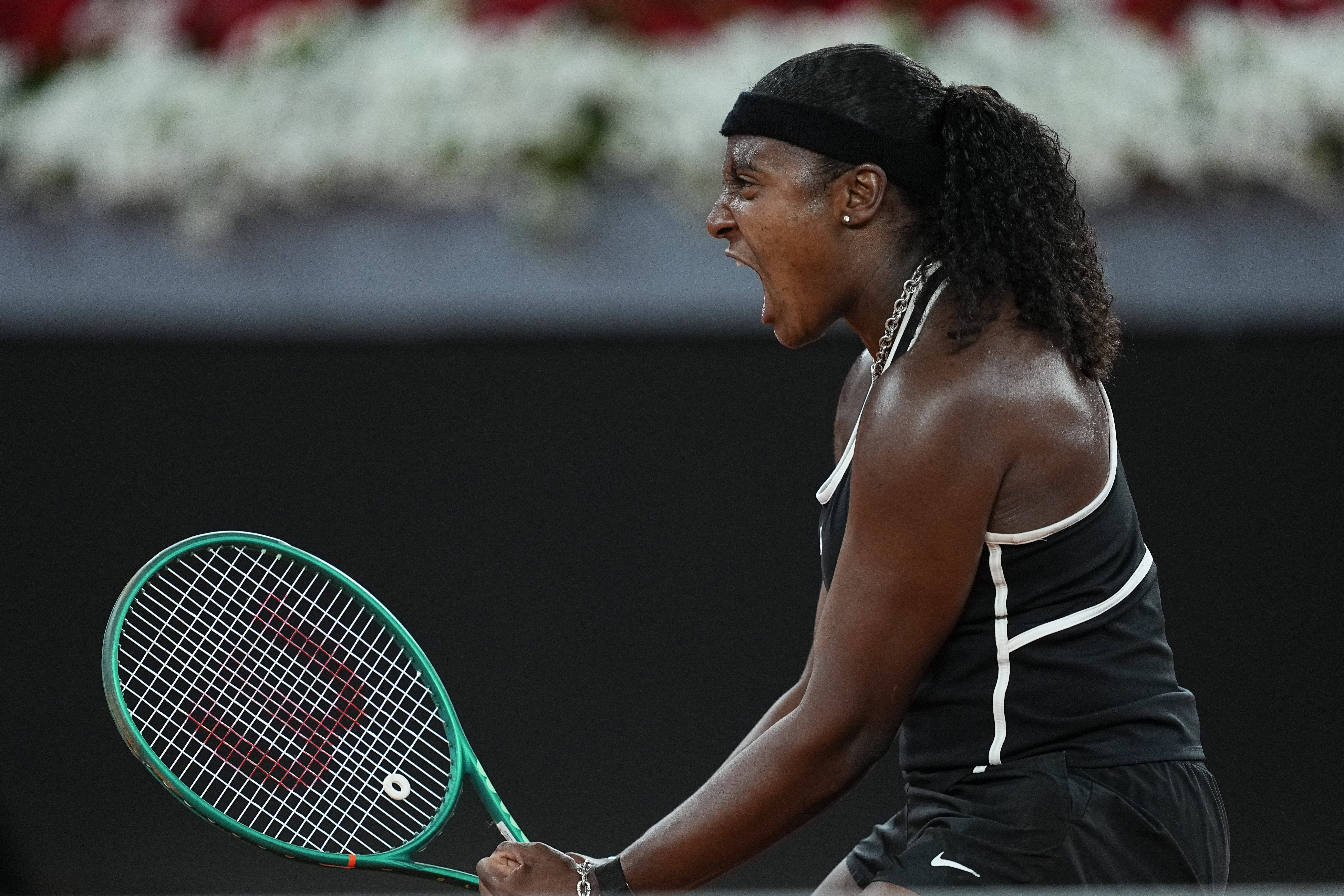 Hailey Baptiste reacts after beating Aryna Sabalenka
