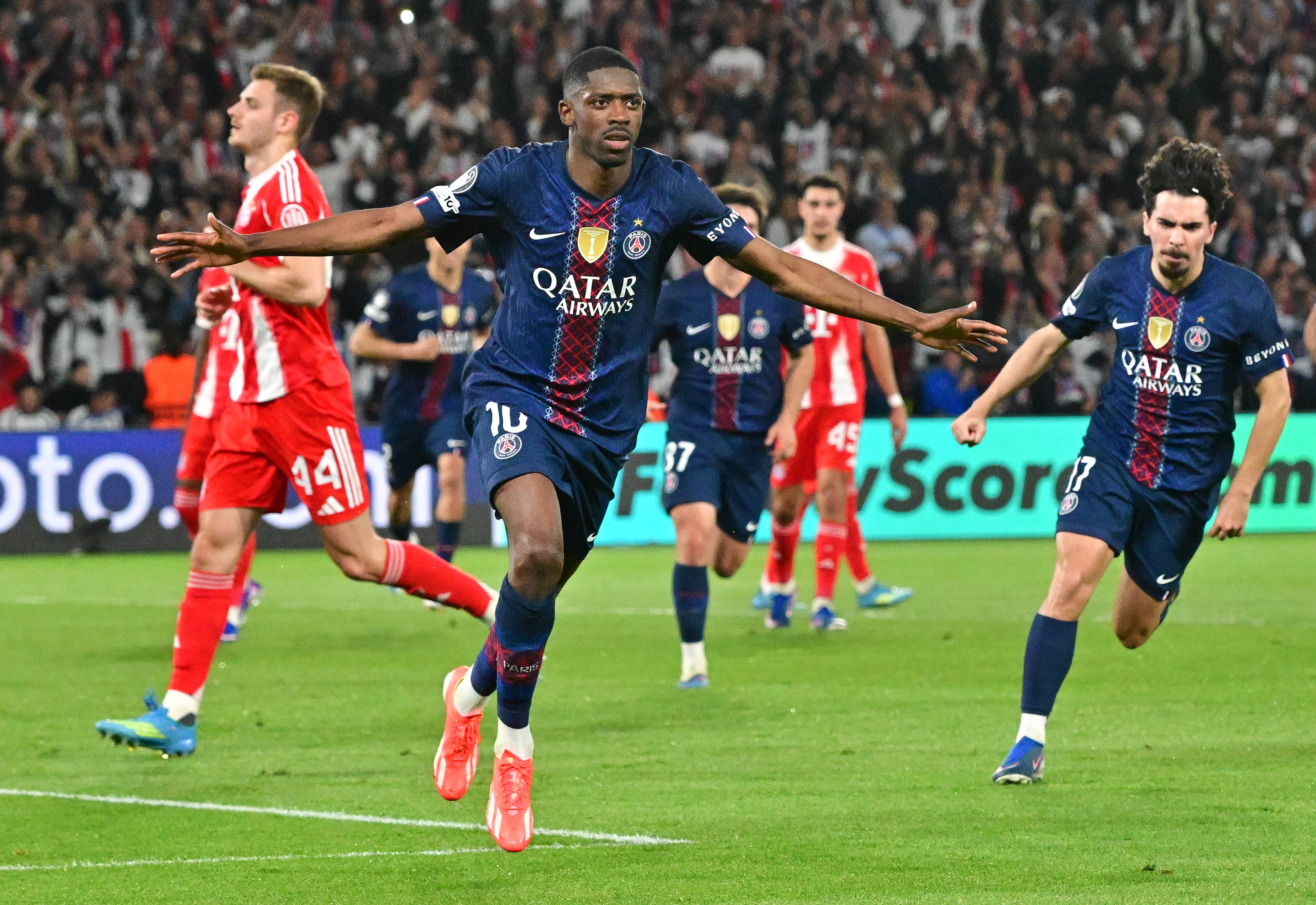 Ousmane Dembele celebrates his goal against Bayern Munich