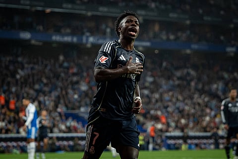 Vinicius Jr. celebrates after scoring against Espanyol 