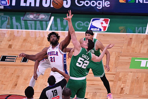 Joel Embiid in action against Boston Celtics