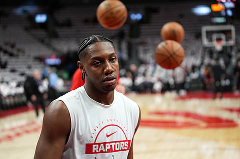RJ Barrett of Toronto Raptors during warm ups