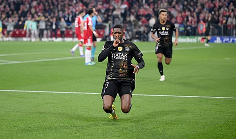 Ousmane Dembele celebrates his goal against Bayern Munich 