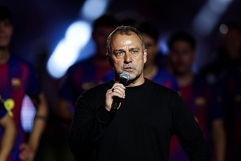 Hansi Flick addresses the fans after winning the La Liga
