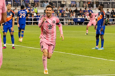 Lionel Messi celebrates his goal against FC Cincinnati