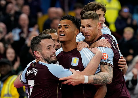 Ollie Watkins celebrates the third goal for Aston Villa