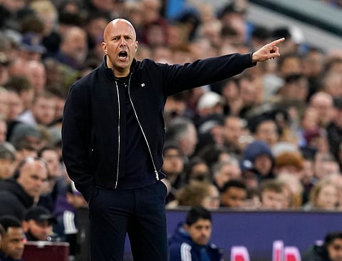 Arne Slot on the touchline against Aston Villa 