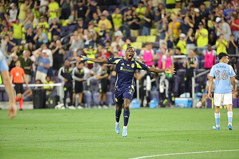 Maxwell Woledzi celebrates his goal against New York City FC