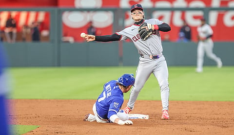Cleveland Guardians infielder Travis Bazzana starts a double play