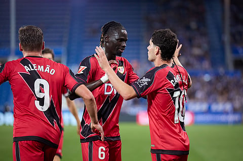 Rayo Vallecano players celebrate a goal in the La Liga 