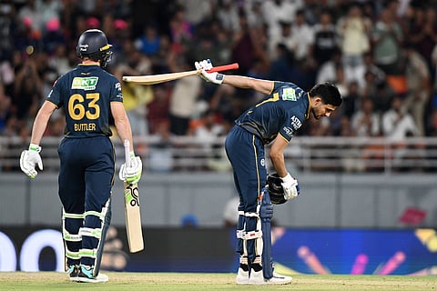 Shubman Gill celebrates his century against Rajasthan Royals