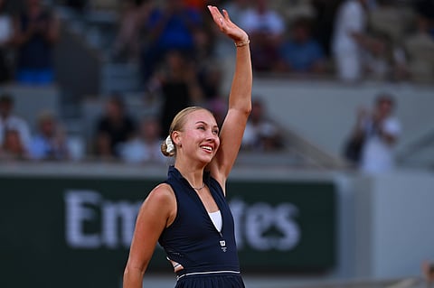 Anastasia Potapova celebrates her win over Coco Gauff